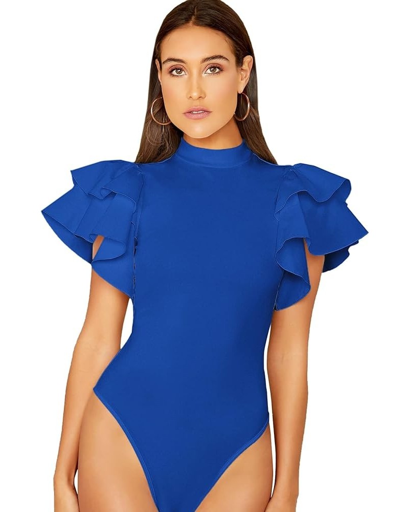 Women's Mock Neck Ruffle Butterfly Sleeve Skinny Bodysuit Blue $18.71 Bodysuits