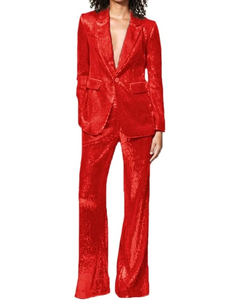 Women's Sequined Formal Blazer Sets 2 Pieces Jacket Trouser Cambo Party Wedding Wear Coat Red $32.63 Suits