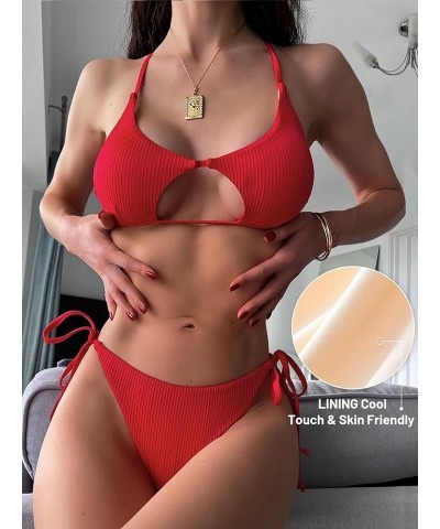 Women's Sexy Cutout Bikini Thong Bikini Set Tie Back Two Piece Swimsuit Bathing Suit 7-red $15.29 Swimsuits