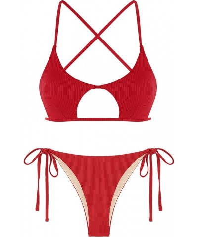 Women's Sexy Cutout Bikini Thong Bikini Set Tie Back Two Piece Swimsuit Bathing Suit 7-red $15.29 Swimsuits