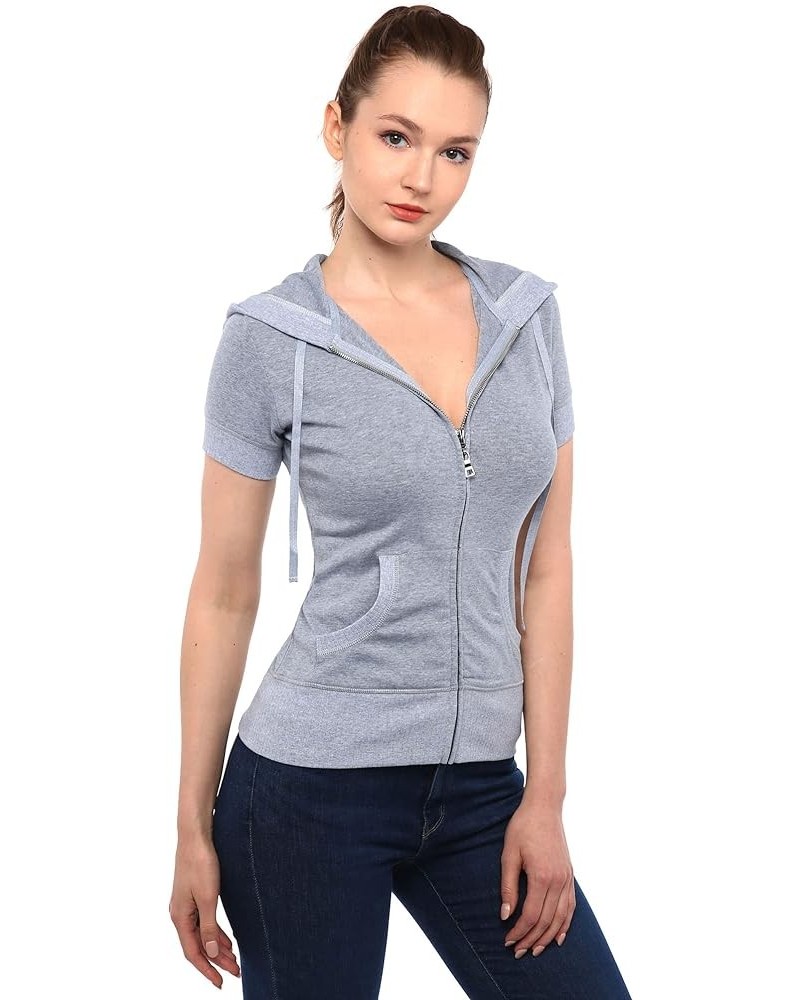 Women Cotton Blend Hoodie Zip Up Kangaroo Pocket Short Sleeve Jacket Light Gray $17.60 Jackets