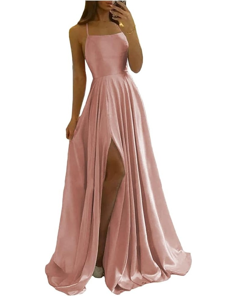 Long Bridesmaid Dresses for Women Satin Ball Gown High Slit Spaghetti Straps Formal Dress with Pockets Dusty Rose $24.30 Dresses