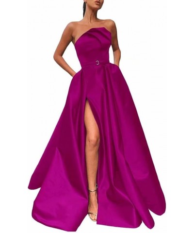 Irregular Neck Long Prom Dresses with Slit Satin A-line Formal Evening Party Gowns with Pockets for Women Fuchsia $34.50 Dresses