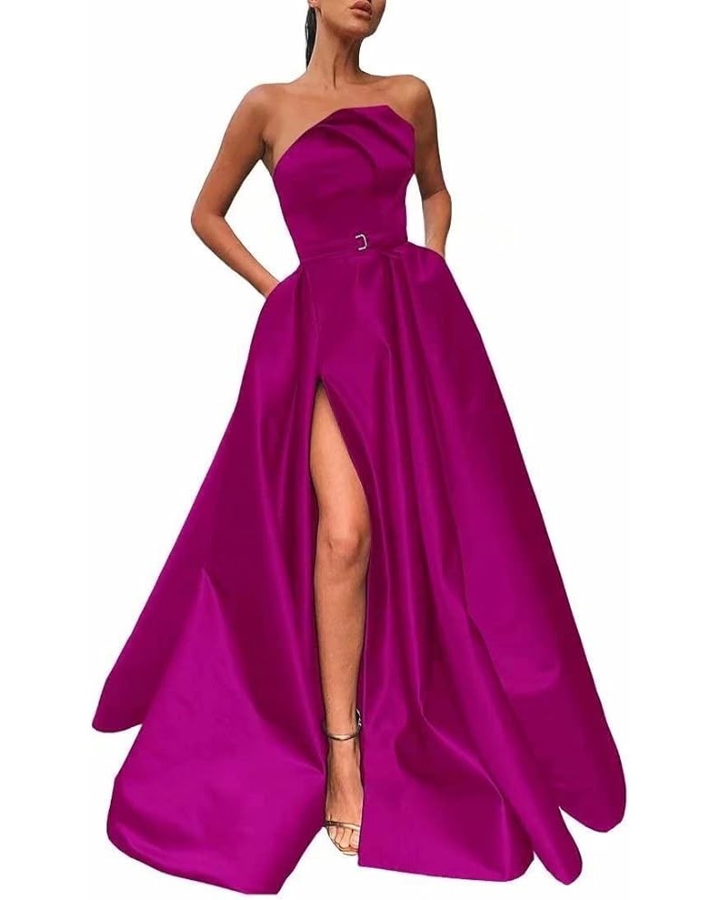 Irregular Neck Long Prom Dresses with Slit Satin A-line Formal Evening Party Gowns with Pockets for Women Fuchsia $34.50 Dresses