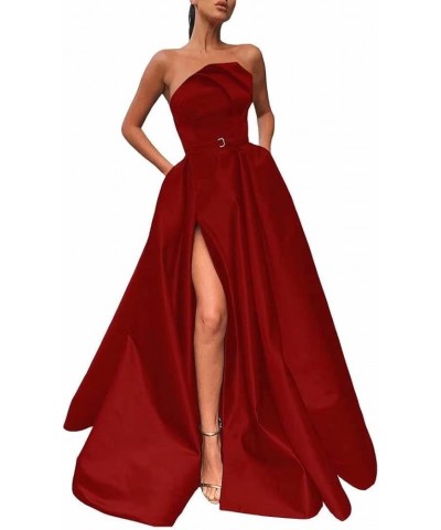 Irregular Neck Long Prom Dresses with Slit Satin A-line Formal Evening Party Gowns with Pockets for Women Fuchsia $34.50 Dresses