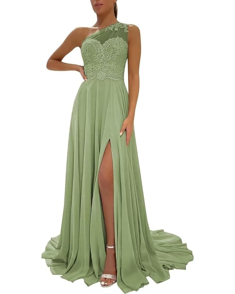 Women's One Shoulder Bridesmaid Dresses for Wedding Long Laces Appliques A-Line Slit Prom Dresses with Pockets Sage Green $38...