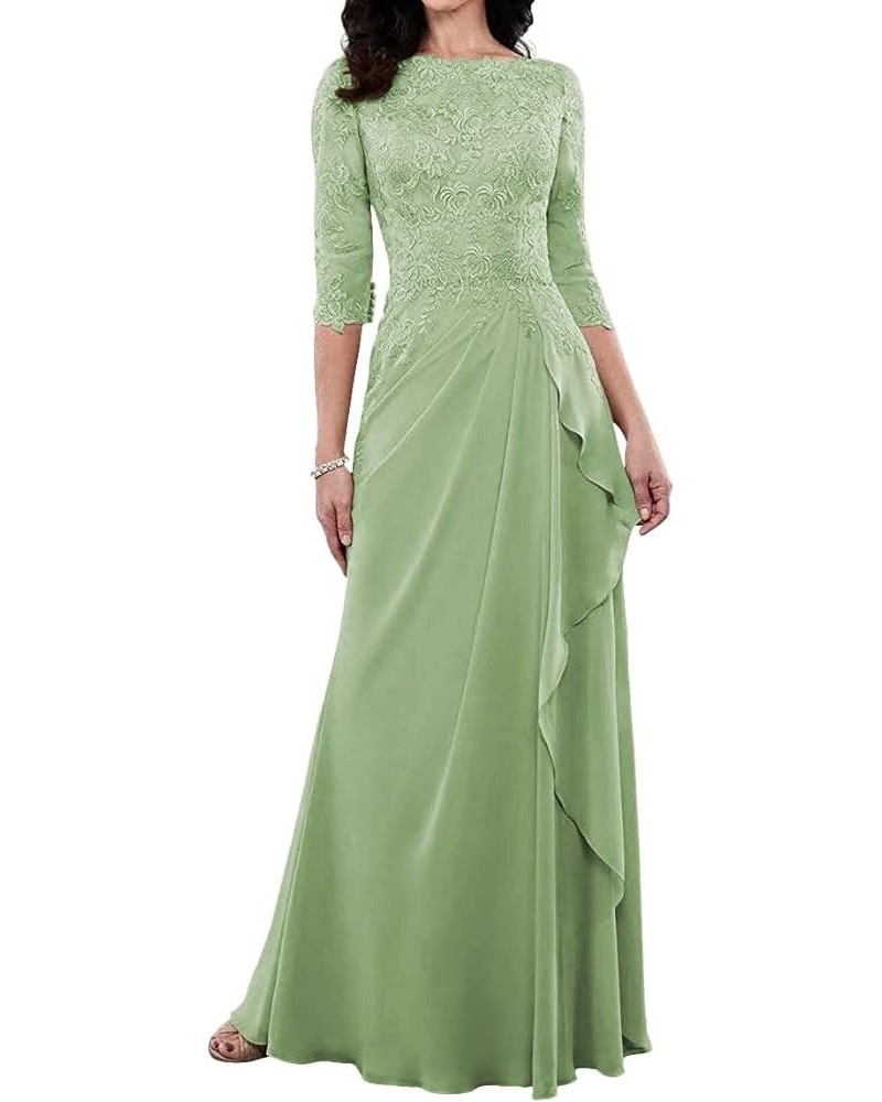 Mother of The Bride Dresses Long Evening Formal Dress 3/4 Sleeve Lace Applique Ruffles Sage Green $45.36 Dresses