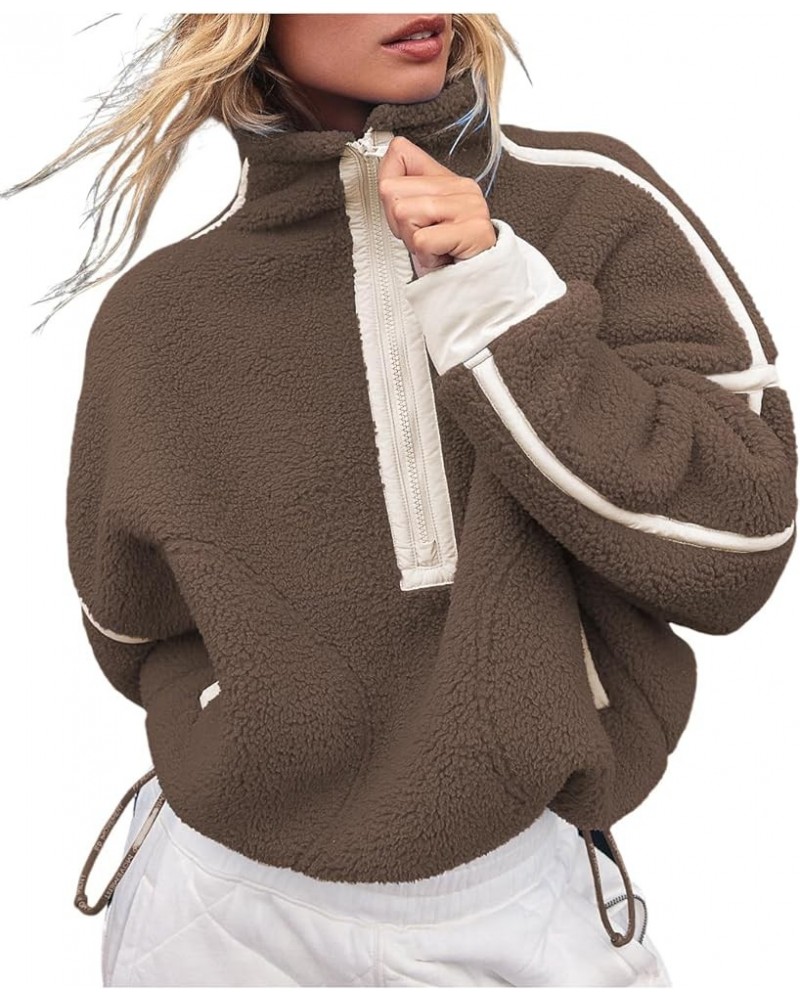 Women's Fashion Fleece Sweatshirt Mock Neck Long Sleeve Half Zip Sherpa Pullover With Pockets (S-XL) Brown $15.20 Hoodies & S...