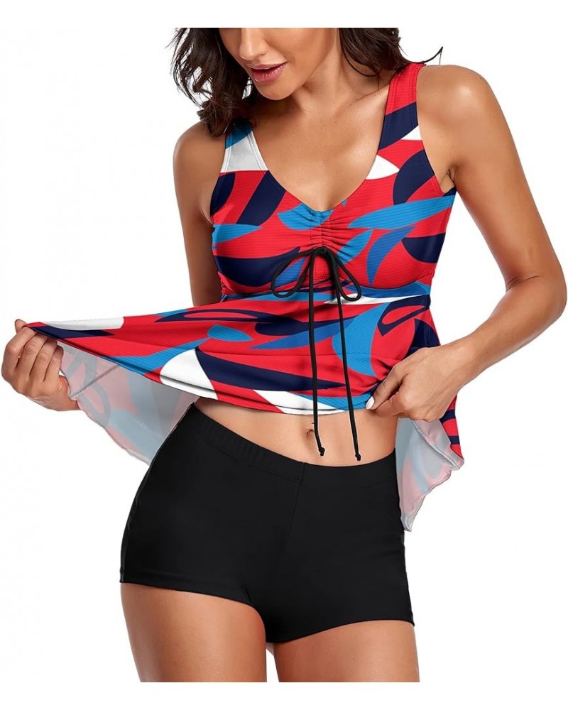 Tummy Control Tankini Tops with Boyshorts 2 Piece Bathing Suits for Women Swimsuits Red Geometric Printing $14.56 Swimsuits