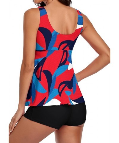 Tummy Control Tankini Tops with Boyshorts 2 Piece Bathing Suits for Women Swimsuits Red Geometric Printing $14.56 Swimsuits