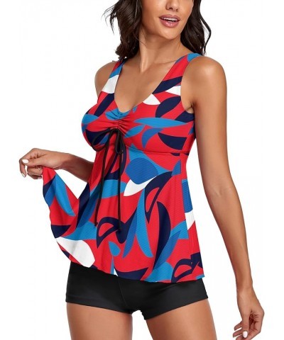 Tummy Control Tankini Tops with Boyshorts 2 Piece Bathing Suits for Women Swimsuits Red Geometric Printing $14.56 Swimsuits