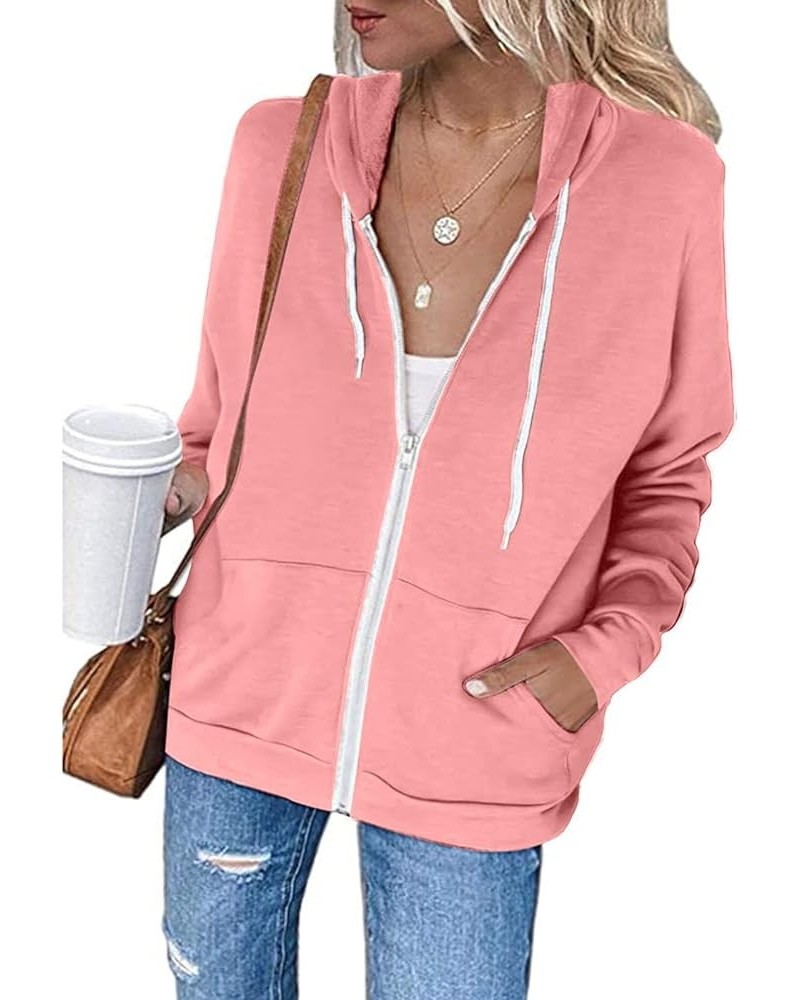 Hoodies for Women Zip UP Hooded Sweatshirts Fall Fashion 2023 Long Sleeve Drawstring Tops Casual Lightweight Jackets A04-pink...