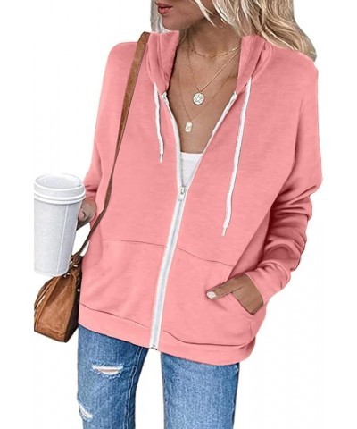 Hoodies for Women Zip UP Hooded Sweatshirts Fall Fashion 2023 Long Sleeve Drawstring Tops Casual Lightweight Jackets A04-pink...