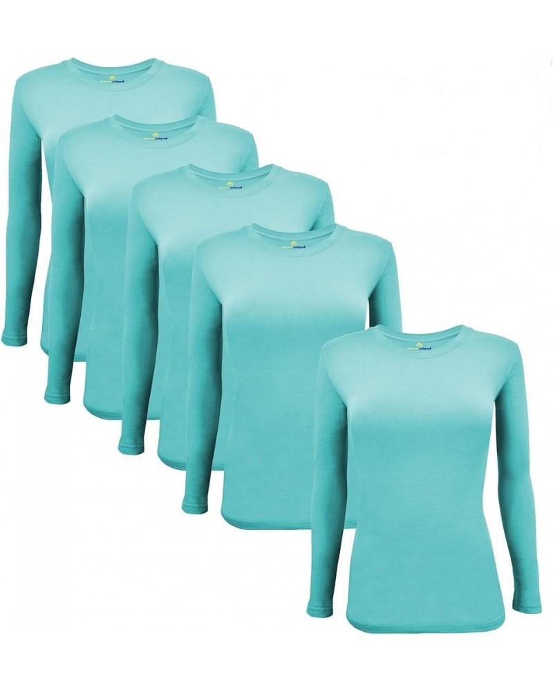 Women's Under Scrub Tee Crew Neck Long Sleeve T-Shirt-5-Pack Aqua Blue $19.30 Tops