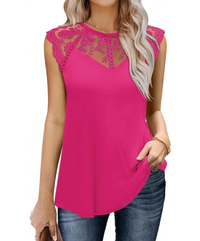 Women's Sleeveless Tops Lace Floral Casual Loose Blouses Tank Shirts 08 Hot Pink $15.42 Tanks