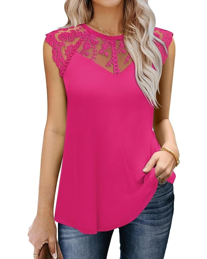 Women's Sleeveless Tops Lace Floral Casual Loose Blouses Tank Shirts 08 Hot Pink $15.42 Tanks