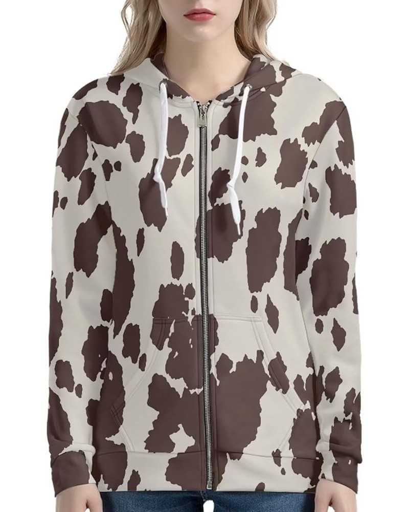 Women Hoodie Full Zip Up Hooded Sweatshirt Long Sleeve Casual Oversize Hoodie Jacket Brown Cow Print $23.36 Hoodies & Sweatsh...