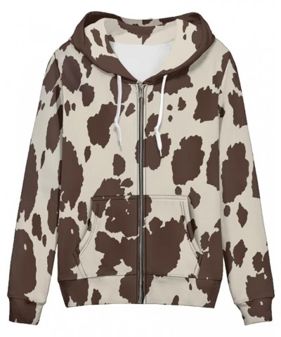 Women Hoodie Full Zip Up Hooded Sweatshirt Long Sleeve Casual Oversize Hoodie Jacket Brown Cow Print $23.36 Hoodies & Sweatsh...