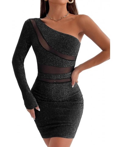 Women's Glitter Ruched One Shoulder Bodycon Mini Dress Long Sleeve Party Pencil Short Dresses Contrast Black $17.35 Dresses