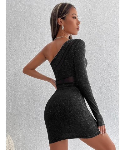 Women's Glitter Ruched One Shoulder Bodycon Mini Dress Long Sleeve Party Pencil Short Dresses Contrast Black $17.35 Dresses