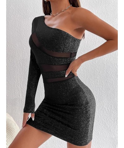 Women's Glitter Ruched One Shoulder Bodycon Mini Dress Long Sleeve Party Pencil Short Dresses Contrast Black $17.35 Dresses