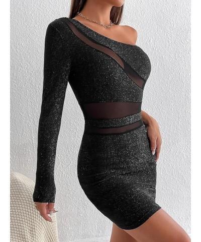 Women's Glitter Ruched One Shoulder Bodycon Mini Dress Long Sleeve Party Pencil Short Dresses Contrast Black $17.35 Dresses