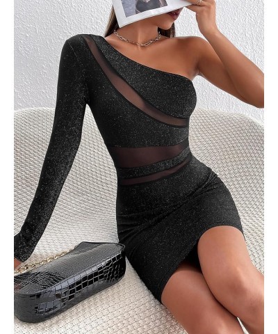 Women's Glitter Ruched One Shoulder Bodycon Mini Dress Long Sleeve Party Pencil Short Dresses Contrast Black $17.35 Dresses