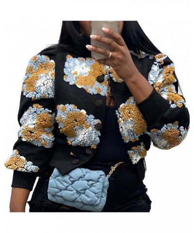 Women's Cropped Floral Print Bomber Jacket Long Sleeve Button Down Coat Outerwear Yellow $23.39 Coats