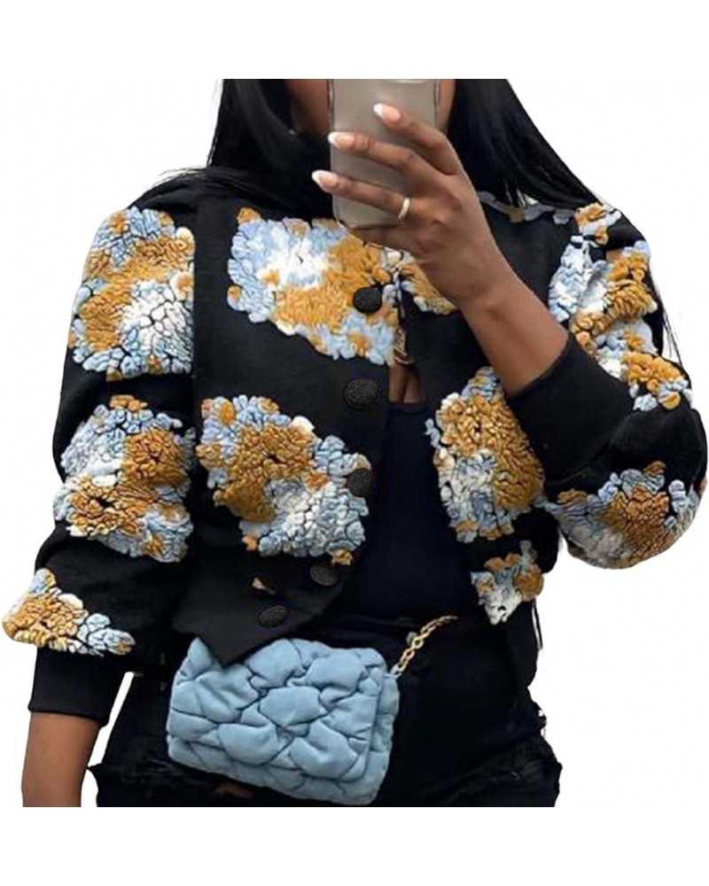 Women's Cropped Floral Print Bomber Jacket Long Sleeve Button Down Coat Outerwear Yellow $23.39 Coats