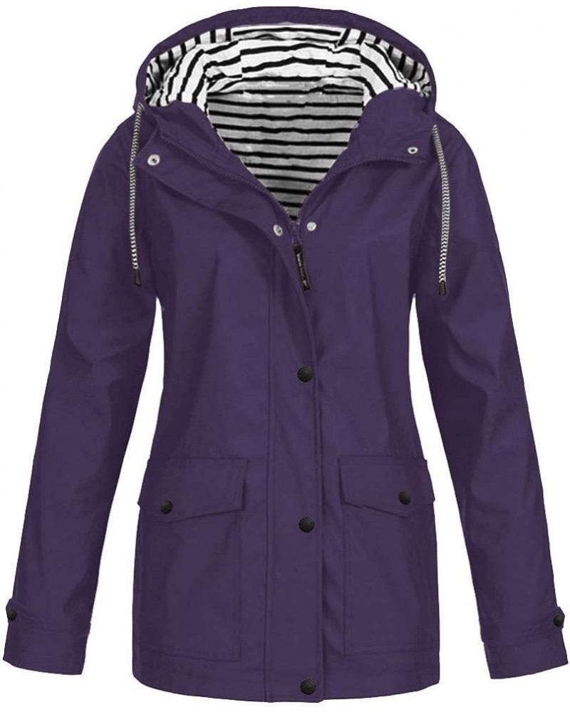 Women's Plus Size Fleece-Lined Windbreaker, Rain Jacket Waterproof Lightweight Outdoor Hooded Trench Coat Raincoat X4-purple ...