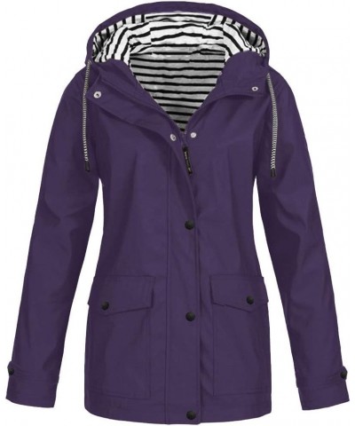 Women's Plus Size Fleece-Lined Windbreaker, Rain Jacket Waterproof Lightweight Outdoor Hooded Trench Coat Raincoat X4-purple ...