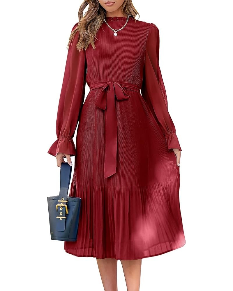 Women's Floral Midi Dress Puff Long Sleeve Ruffle Trim Smocked A-line Pleated Swing Chiffon Dresses with Belt Red $25.30 Dresses