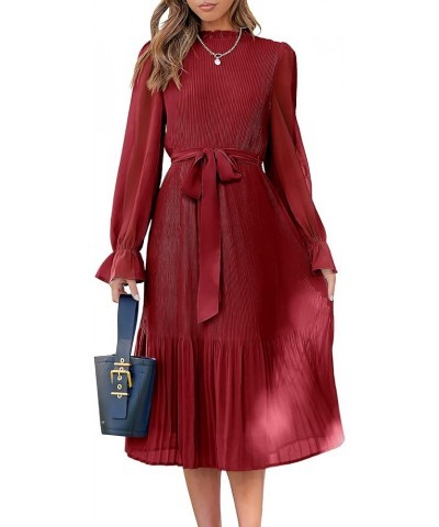 Women's Floral Midi Dress Puff Long Sleeve Ruffle Trim Smocked A-line Pleated Swing Chiffon Dresses with Belt Red $25.30 Dresses