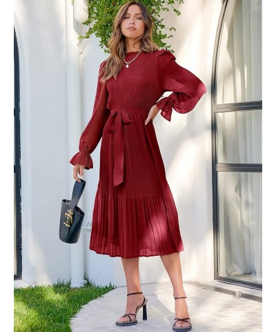 Women's Floral Midi Dress Puff Long Sleeve Ruffle Trim Smocked A-line Pleated Swing Chiffon Dresses with Belt Red $25.30 Dresses