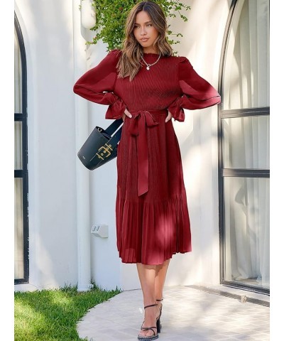 Women's Floral Midi Dress Puff Long Sleeve Ruffle Trim Smocked A-line Pleated Swing Chiffon Dresses with Belt Red $25.30 Dresses