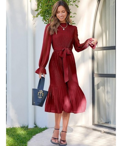 Women's Floral Midi Dress Puff Long Sleeve Ruffle Trim Smocked A-line Pleated Swing Chiffon Dresses with Belt Red $25.30 Dresses