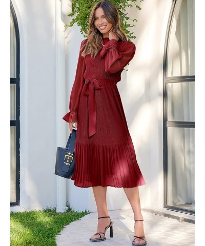 Women's Floral Midi Dress Puff Long Sleeve Ruffle Trim Smocked A-line Pleated Swing Chiffon Dresses with Belt Red $25.30 Dresses