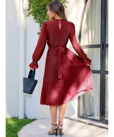 Women's Floral Midi Dress Puff Long Sleeve Ruffle Trim Smocked A-line Pleated Swing Chiffon Dresses with Belt Red $25.30 Dresses