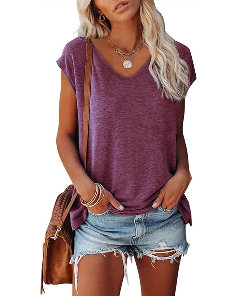 Women's Cap Sleeve Tank Tops U Neck Solid Color Casual Shirts Loose Fit Basic Blouse Wine $13.49 Others