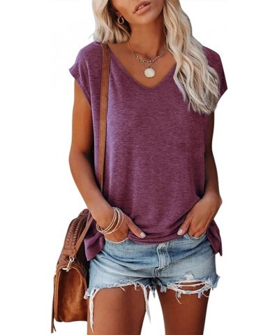 Women's Cap Sleeve Tank Tops U Neck Solid Color Casual Shirts Loose Fit Basic Blouse Wine $13.49 Others