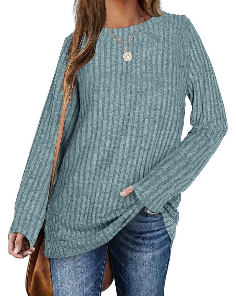 Womens Long Sleeve Tops Crewneck Sweaters Casual Ribbed Knit Shirts Lightweight Tunic Pullovers A-mint Blue $8.54 Tops