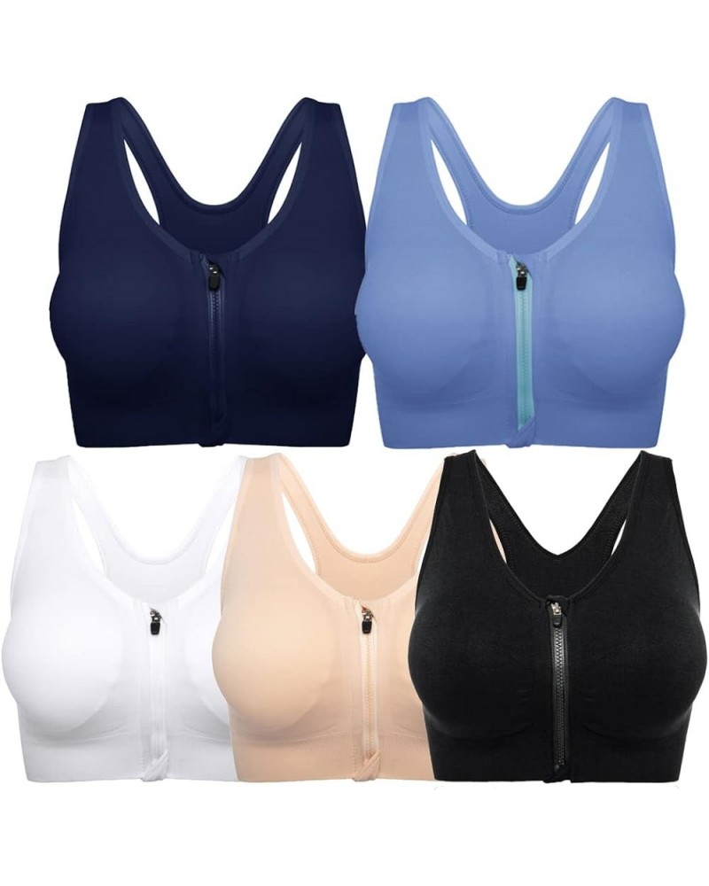 Front Zipper Sports Bras for Women Wireless Post-Surgery Bra Racerback Workout Gym Yoga Sports Bra 5 Pack(beige+black+white+n...