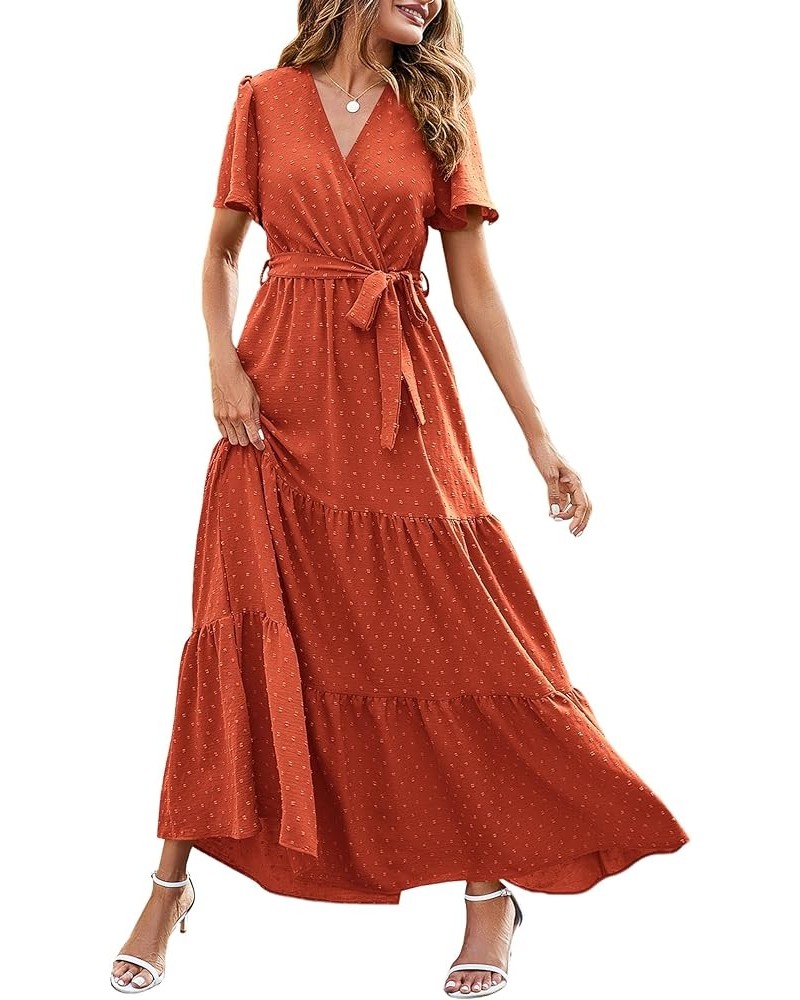 Womens Boho Swiss Dot Maxi Dresses Wrap V Neck Flutter Short Sleeve Solid Tie Belt A Line Tiered Flowy Long Dresses S-burnt O...