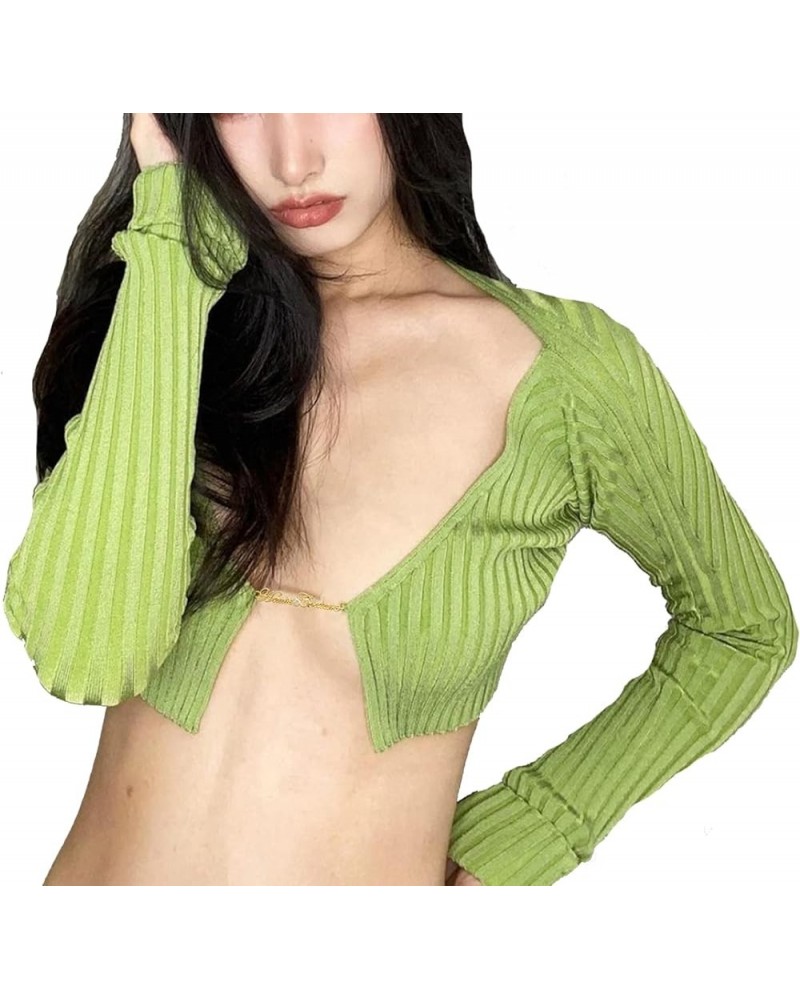 Women's Crop Top Sexy Long Sleeve Plunging Neckline Underboob with Letter Ring Cropped Ribbed Basic Top Green $9.89 T-Shirts