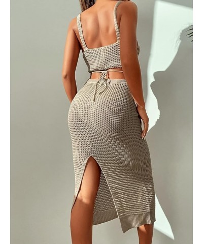 Women's Knitted Cover Up Set Two Pieces Sleeveless Tank Crop Top and Split Tie Back High Waist Midi Skirt Khaki $14.55 Swimsuits