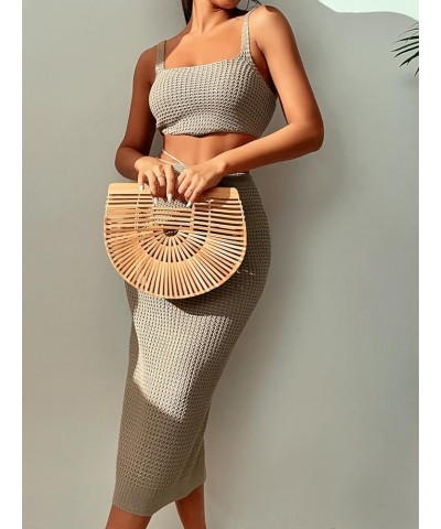 Women's Knitted Cover Up Set Two Pieces Sleeveless Tank Crop Top and Split Tie Back High Waist Midi Skirt Khaki $14.55 Swimsuits