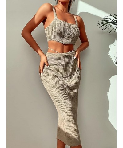 Women's Knitted Cover Up Set Two Pieces Sleeveless Tank Crop Top and Split Tie Back High Waist Midi Skirt Khaki $14.55 Swimsuits