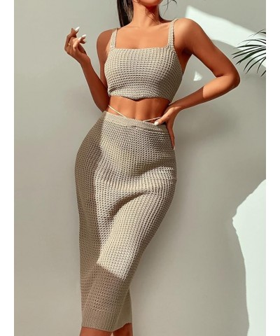 Women's Knitted Cover Up Set Two Pieces Sleeveless Tank Crop Top and Split Tie Back High Waist Midi Skirt Khaki $14.55 Swimsuits