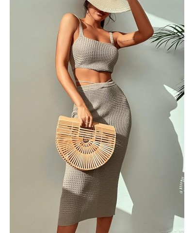 Women's Knitted Cover Up Set Two Pieces Sleeveless Tank Crop Top and Split Tie Back High Waist Midi Skirt Khaki $14.55 Swimsuits