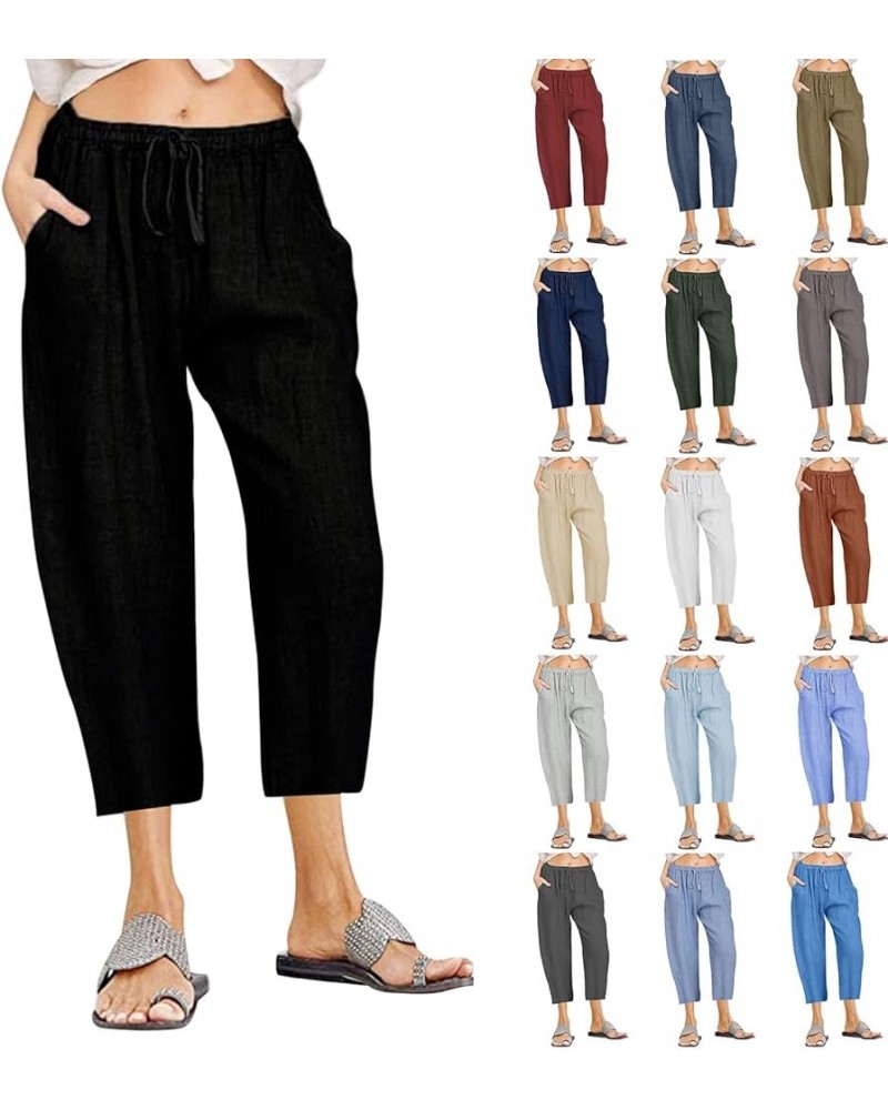 Cotton Linen Wide Leg Pants for Women Casual Summer Drawstring Elastic Waist Capris Loose Cropped Trouser with Pockets 012 Bl...